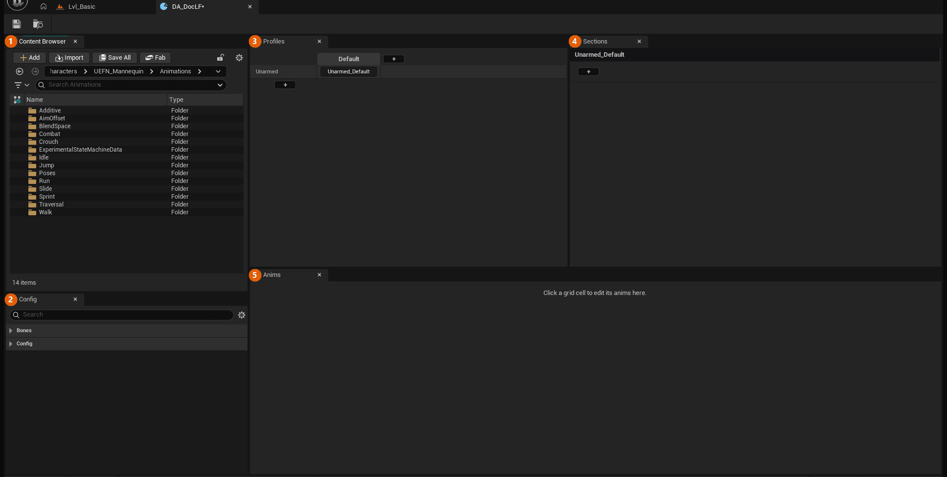 The five panels of the editor