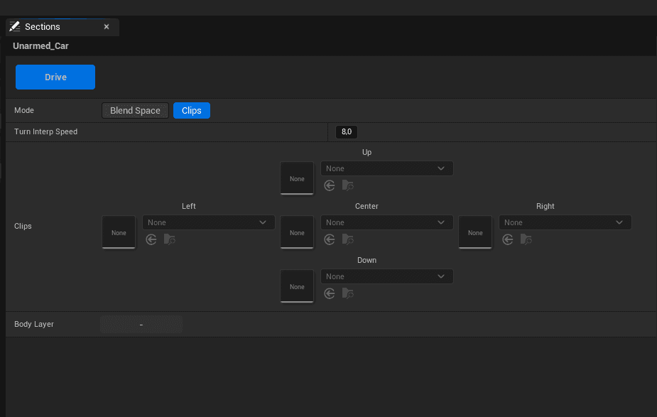 The Drive tab: the Mode row, Blend Space or Clips